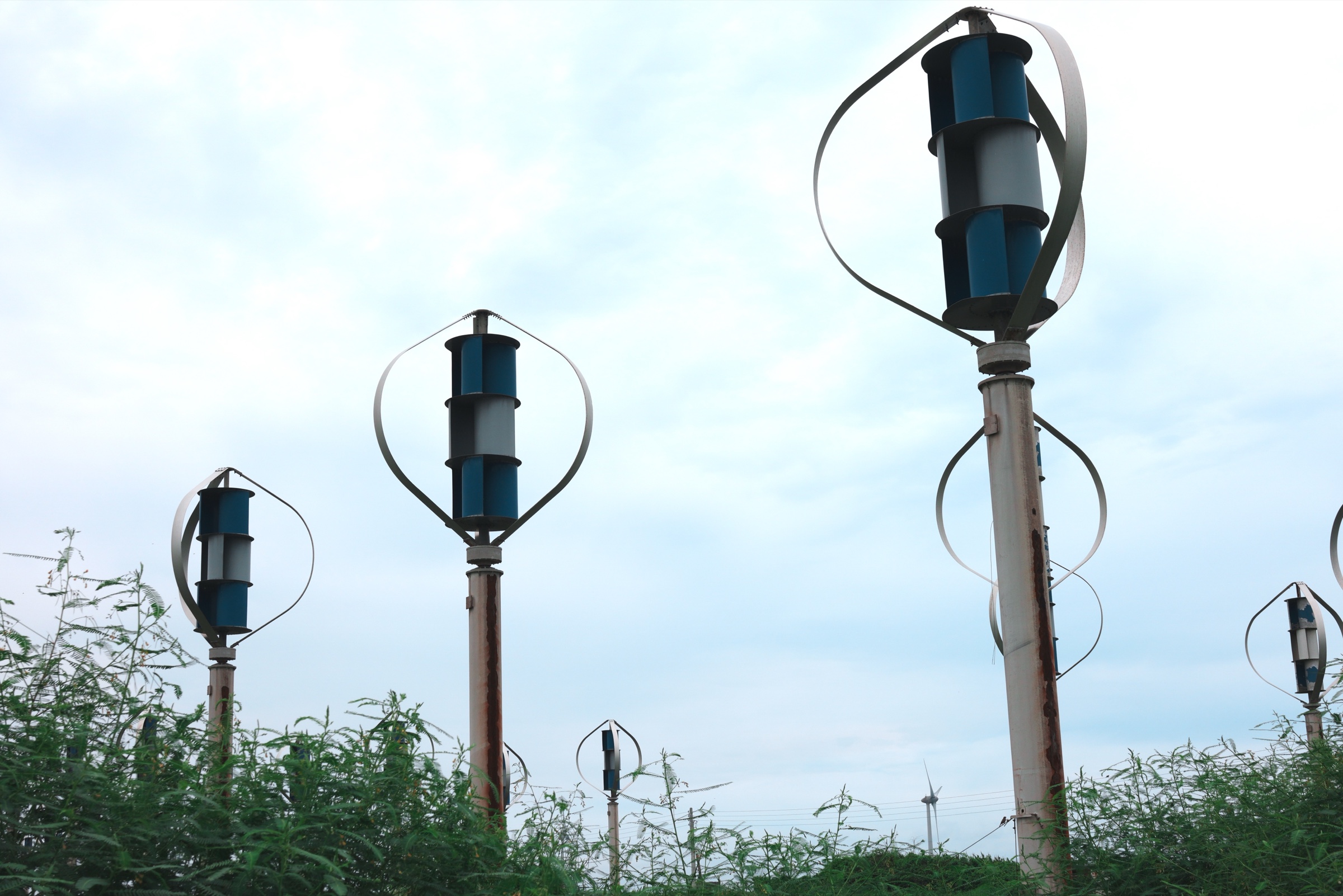 A field of small vertical-axis wind turbines near Xinbao, with a utility-scale turbine in the distance