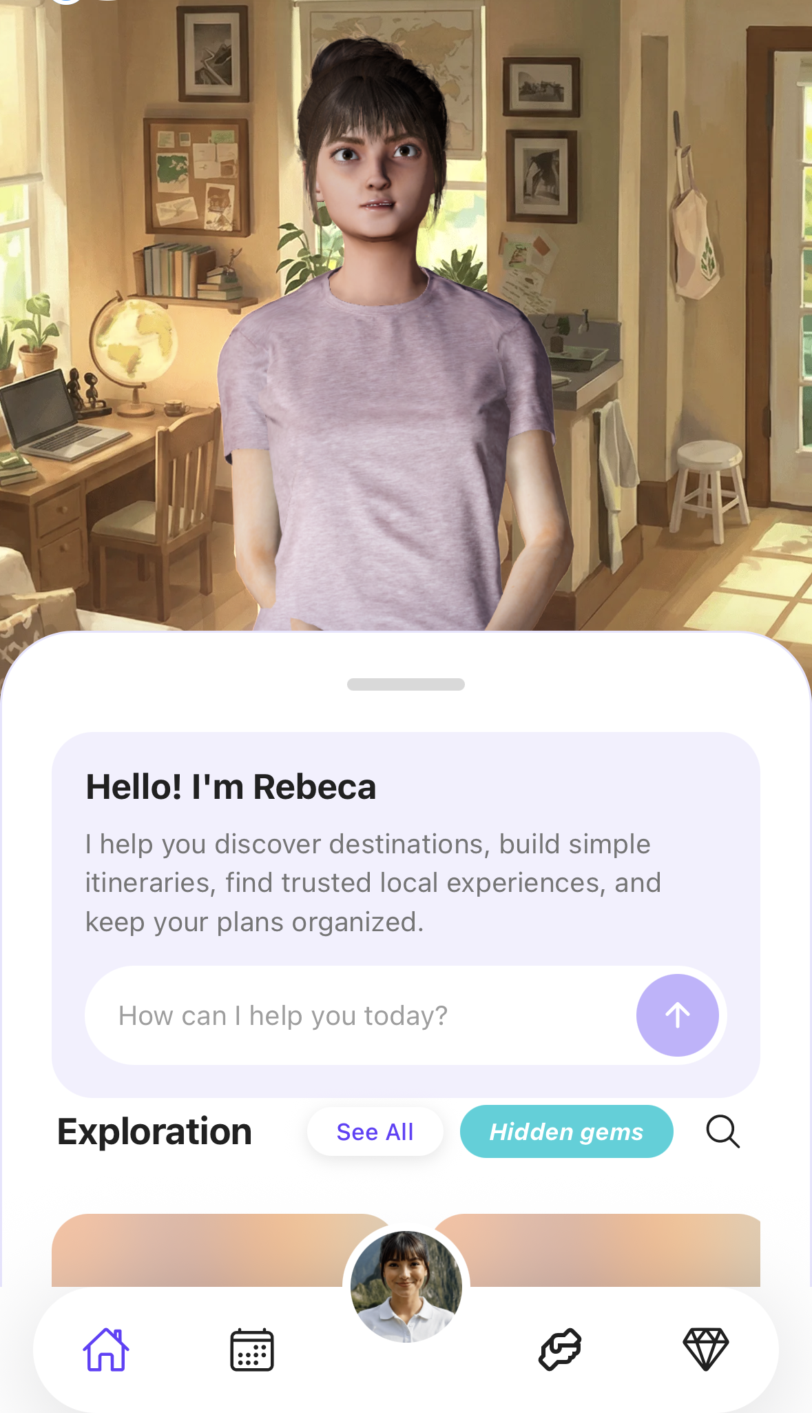 The upper portion of the Rebeca AI travel assistant interface, showing its digital companion